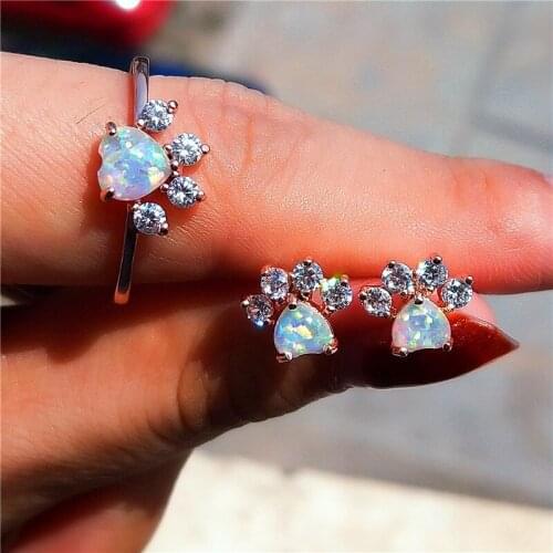 Luxury Bridal Set White Blue Opal Love Heart Stone Cat Paw Ring Earrings For Women Vintage Fashion Rose Gold Animal Jewelry Sets
