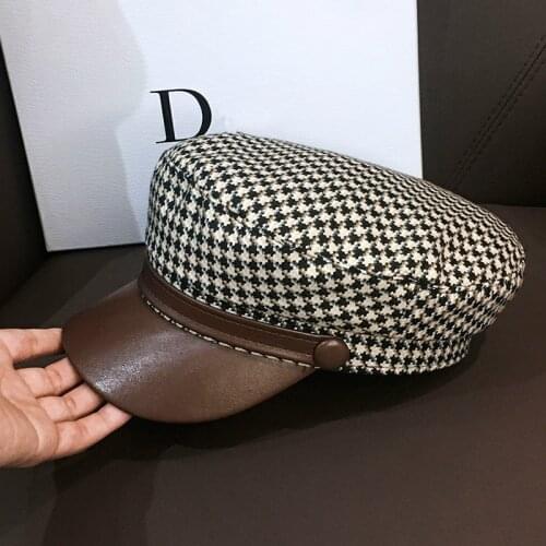 JIN-Swhbias Octagonal Cap for Women Plaid leather Visors Newsboy Cap 2020 New Vintage Autumn Winter Berets Ladies Hat