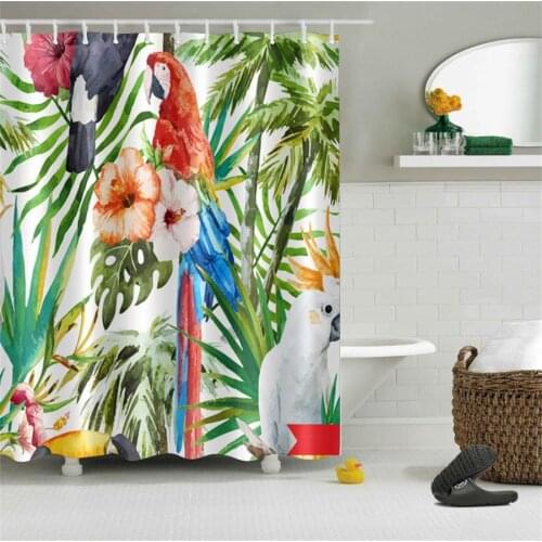 Vintage Tropical Island Woods Color Parrots Bathroom Shower Curtain Waterproof Polyester & 12 Hooks Bath Accessory Set