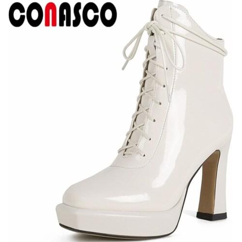 CONASCO Sexy Women Ankle Boots Autumn Winter Warm Genuine Leather Casual Prom Punk Shoes Super Heels Shoes Woman