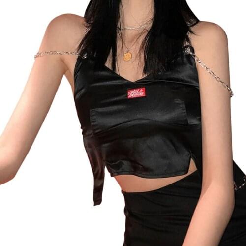 Women Summer Crop Tops Labeling Chains Straps V-Neck Backless Vest with Buckles for Girls, Black
