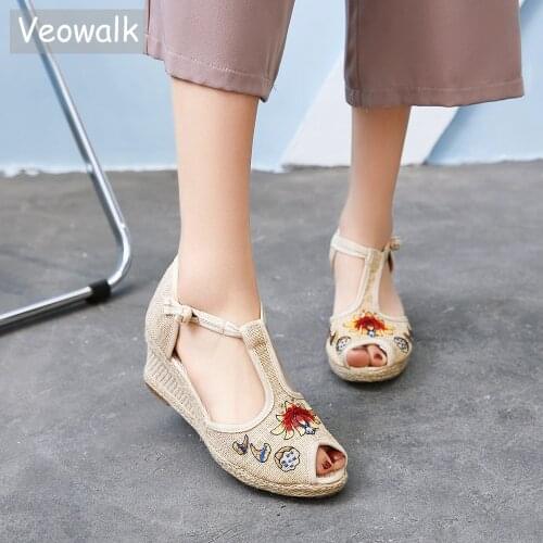 Veowalk Handmade Women Flower Embroidered Linen Wedge Espadrilles Sandals 6cm Heel Bohemian Ladies Casual Summer Platform Shoes