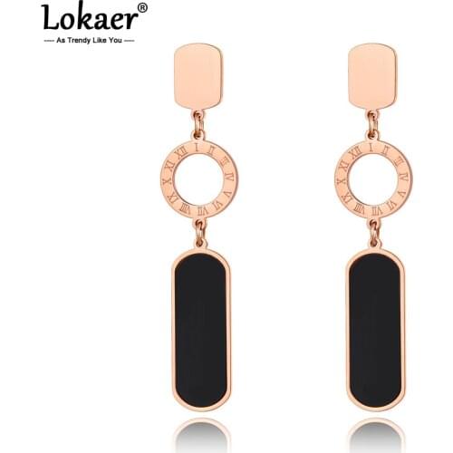 Lokaer Trendy Rose Gold Stainless Steel Roman Numerals Dangle Earrings For Women Bohemia Black Acrylic Earrings Jewelry E20259