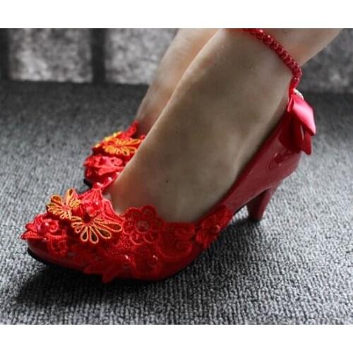 Beading elastic straps red laces party wedding shoes woman china style sweet handmade new design 2018 womens bride wedding shoe