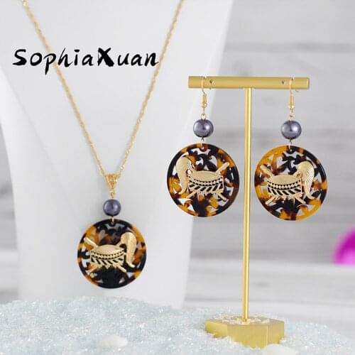 SophiaXuan Fashion Hawaiian Jewelry Set Brown Trendy Acrylic Instrument Drum Pendant Necklaces Earrings Sets Wholesale for Women