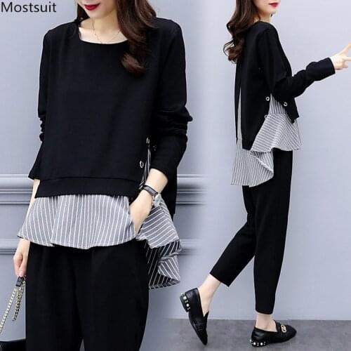 Black Two Piece Set Women Striped Splicing Long Sleeve Tops And Harem Pants Sets Casual Office Korean Ladies Suits 2019 Hot Sale