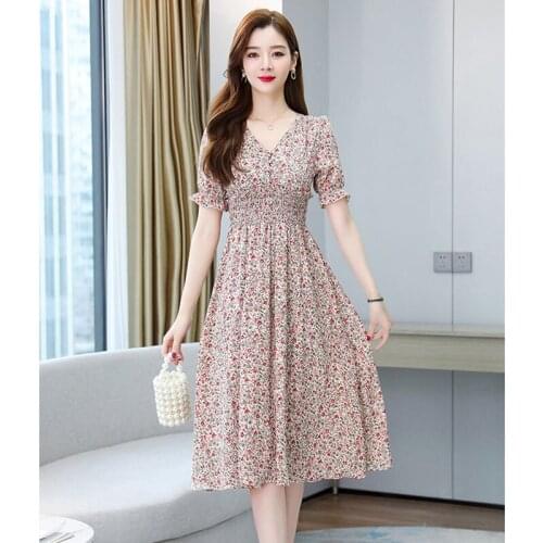 Pink Floral Dress Women Summer New Long Draw Back Thin Fashion Short Sleeve Chiffon Femme Robe V Neck Sexy Party Dress Vestidos