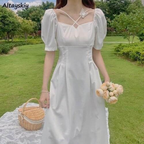 Dresses for Women White Vintage Summer Temperament Korean Style Casual Simple Solid Elegant Trendy Sweet Female Vestidos Bandage