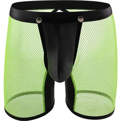 1PCS Mens Underwear Sexy Mesh Stitching Imitation Leather Boxer Briefs Low Rise