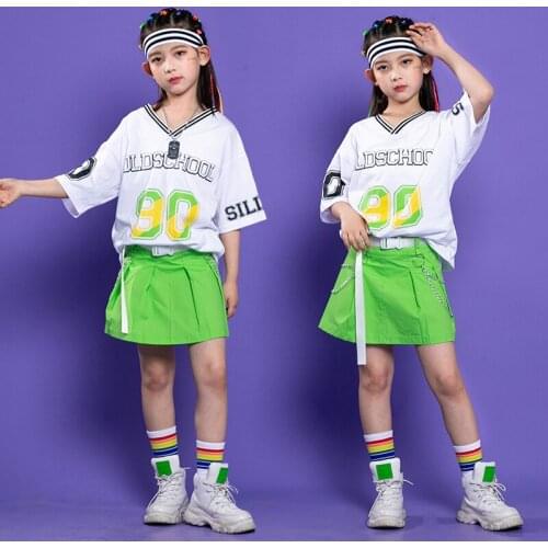 2021 White Tops Green Skirts Suit Hip Hop Dance Clothes For Girls Children New Jazz Street Dance Performance Costumes DQS6861