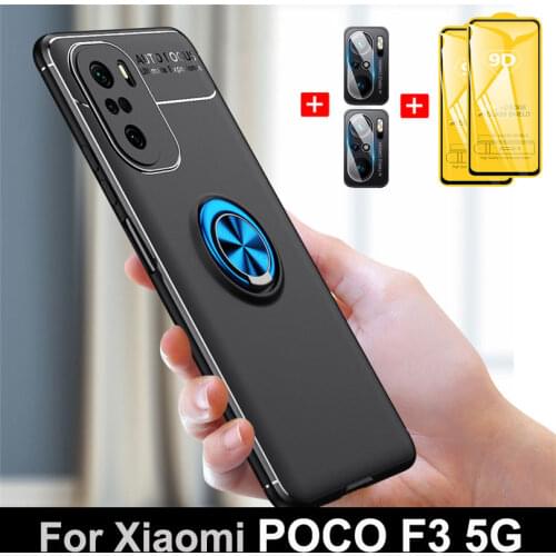 Capa Poco F3, Metal Ring Holder Case for Xiaomi Pocophone F3 Case Original Silicone Cover Poco-X3-Pro Poco-F3-5G Case & Glass