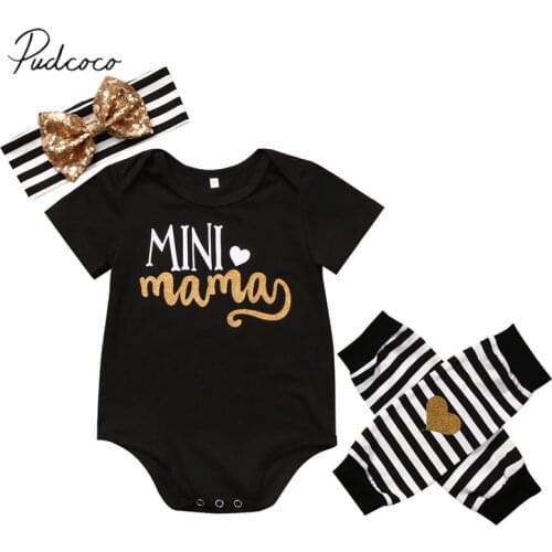 2019 Brand New Newborn Infant Baby Girls 3Pcs Clothes 100% Cotton Letter Mini Mama Bodysuit+Legging Warmer +Headband Set 0-24M