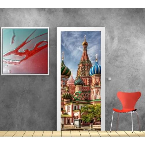 3D Door Sticker Russian Castle Mural Wall Sticker DIY Door Cover Kitchen Home Decoration Accessories Modern 3d Wall Stickers