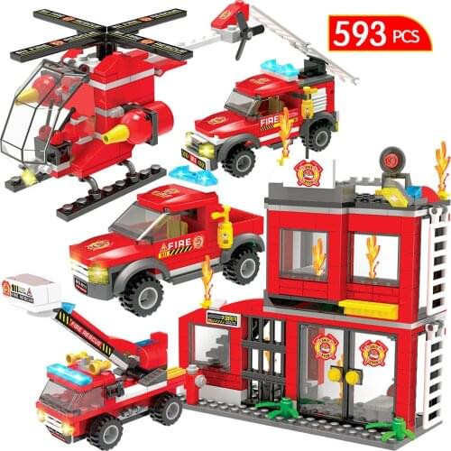 593PCS City Military Series Coastal Fire Car Truck Building Blocks Compatible City Fire Station Bricks Toys For Children