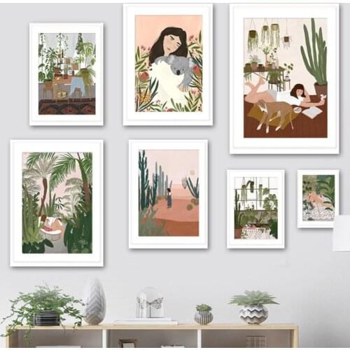 Abstract Girl Koala Cactus Leaves Plants Wall Art Canvas Painting Nordic Posters And Prints Wall Pictures For Living Room Decor