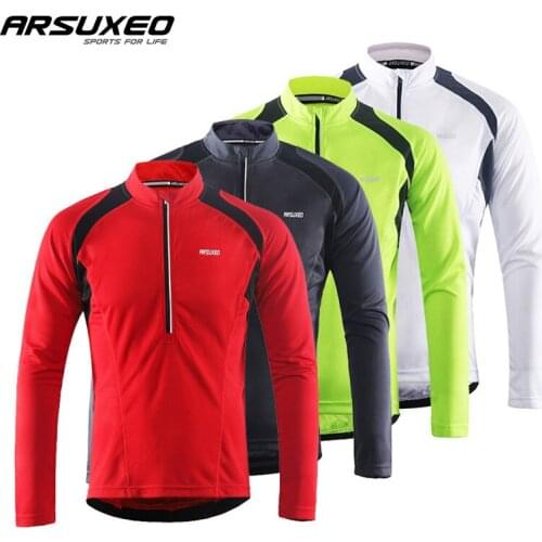 ARSUXEO Mens Long Sleeve Cycling Jerseys Bicycle Bike Shirt MTB Mountain Bike Jersey Cycling Clothing Reflective Stripe Pockets