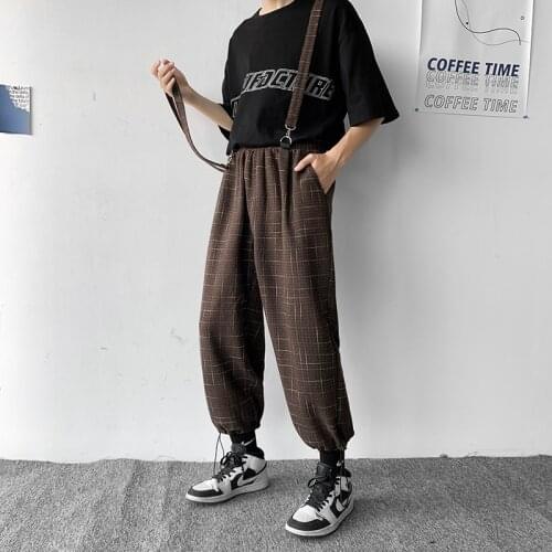 Plaid Pants Mens Fashion Retro Suspenders Detachable Casual Pants Men Streetwear Loose Hip-hop Straight Pants Mens Trousers