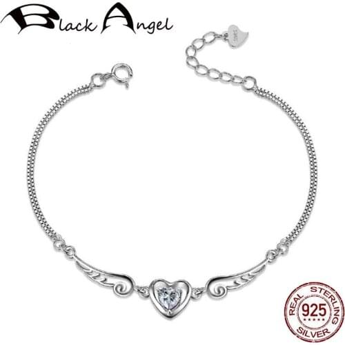 BLACK ANGEL 925 Silver Zircon Heart Bracelets CZ Angel Wings Adjustable Bracelet for Women Fine Jewelry Christmas Gift