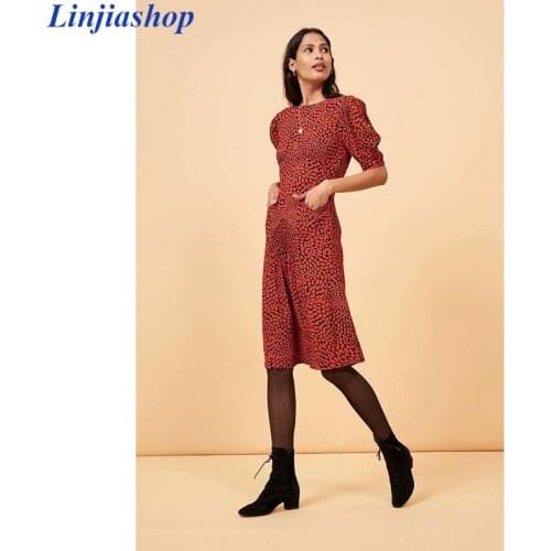Elegant vintage midi red leopard dress women square neck short sleeve slim party dress female 3 colors dropshipping