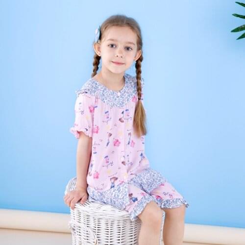 H5684 Girls Cotton Pajamas Sleepwear Summer Teenager Short Sleeve Cartoon Home Service Wear Air-Conditioning Room Thin Nightwear