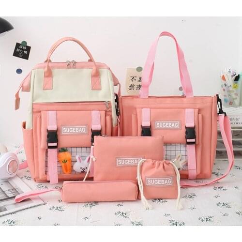 5Pcs/set Canvas Laptop Backpacks Women School Bags for Teenage Girls 2021 Preppy Style Book Bag College Travel Backpack Rucksack