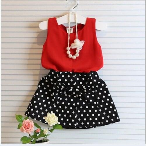 Baby Girls Clothes Set Summer Children Clothing Red Chiffon T-Shirt Vest + Dot Black Skirt Suit 2 3 4 5 6 7 Years Girls Outfits