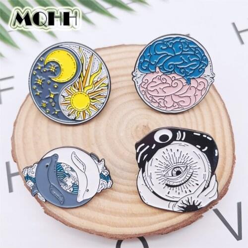 Creative Personality Round Animal Enamel Pins Dolphin Brain Sun Moon Eyes Hands Tai Chi Alloy Brooch Badge Accessories Jewelry