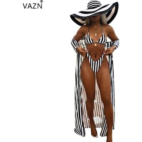 VAZN Summer Sexy Design 2019 Slim Women 3 Piece Set Striped Full Sleeve Long Coats 2 Piece Underwears Chiffon Beach Set FSX74