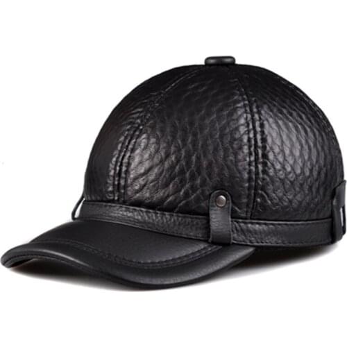 Male 2021 Spring/Winter Genuine Leather Cowhide Head Protection Baseball Caps Black Plaid Embossing Adjustable Hat For Man