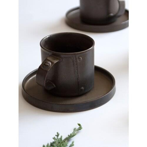 Black metal glaze crude pottery cappuccino coffee milk cup saucer set Italian original handmade water teacup drinkware