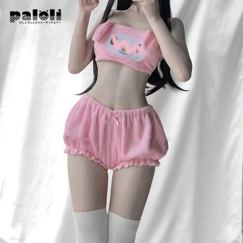 Paloli Sexy Tank Long Ear Doggy Bra and Bloomers Pink White Kwaii Velvet Tube Top and Panties Set for Girl Adorable Underwear