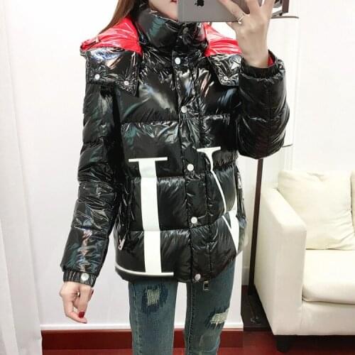 Alphabet printed bright face down jacket 2018 winter coat new light skin bread suit with cap light PU coat 90128