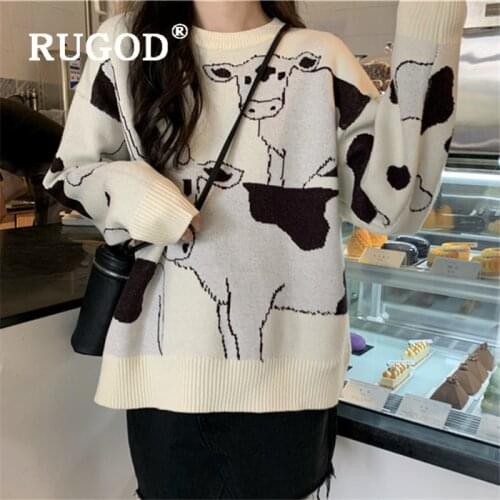 RUGOD funny cow print knitted sweater women korean fashion o neck long sleeve winter pullover spring sweater jumper pull femme