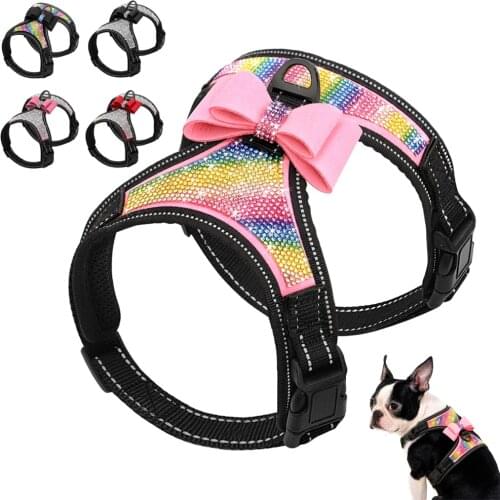 Reflective Dog Harness Nylon Pitbull Pug Small Medium Dogs Harnesses Vest Bling Rhinestone Bowknot Dog Accessories Pet Supplies