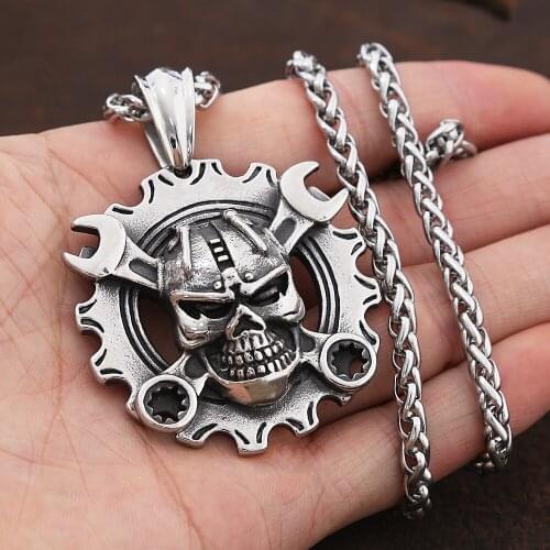 Vintage Viking Mechanical Skull Necklace Pendant Mens Punk Street Biker Skull Pendant Jewelry Chain Goth Accessories Wholesale