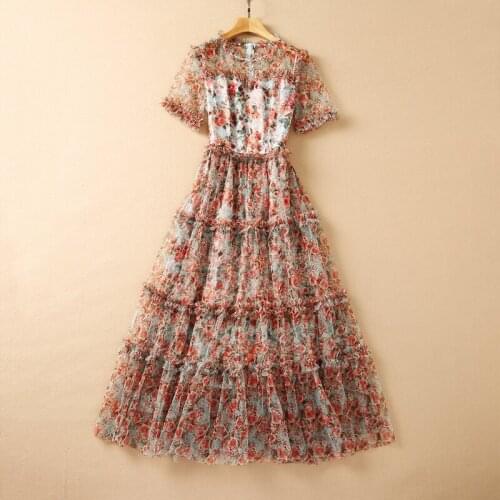 European and American womens wear for summer 2021 With short sleeves collar Fashion floral print mesh pleated dress