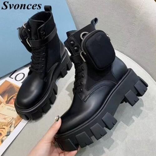 2021 Trend Chunky Combat Fall Boots Women Pocket Boot Lace Up Ladies Ankle Boots Platform Shoes Genuine Leather Autumn Winter