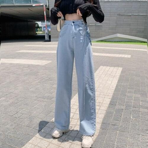 Womens Sexy y2k Jeans Wide Leg Cotton Baggy Pants Jeans Metal Chains High Waist Loose Jeans Europe Punk Jeans