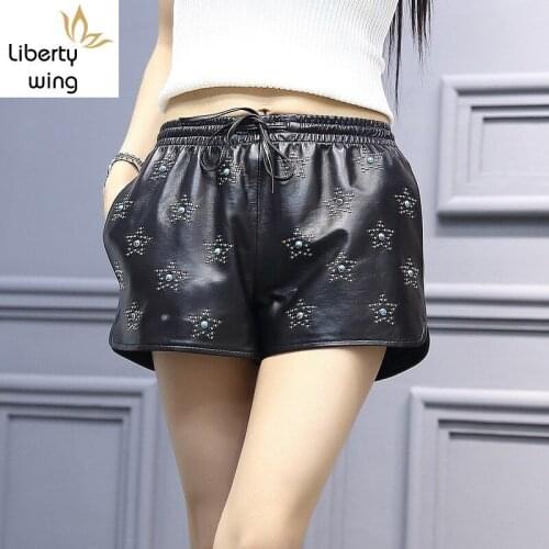 2020 New Women Star Rivet Night Club Punk Sexy Shorts Elastic Waist Casual Genuine Leather Wide Leg Short Trousers Plus Size 3XL
