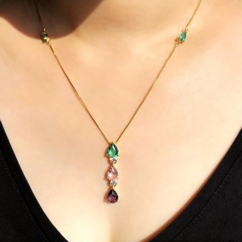 MultiColor Water drop Crystal Zircon Long Pendant Necklace For Women Gold color chain green stone Unique party Statement Jewelry