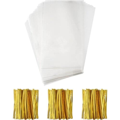 100pcs/set 25x15cm Rectangle OPP Cellophane Bags with Plastic & Iron Core Wire Twist Ties