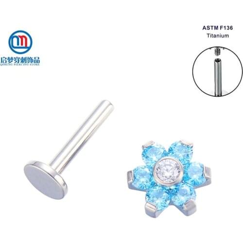 14G Titanium ASTM F136 Implant Grade Internally Threaded Aqua Blue Zircon Labret Piercing