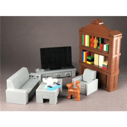 2sets/lot MOC Bricks DIY Furniture Light Gray American style Sofa Set TV Cat Building Blocks Figure toys children Xmas gifts