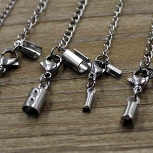 5pcs/lot Stainless Steel Round Leather Cord End Caps End clasps With Lobster Clasp Extension Chain For DIY Jewelry Findings