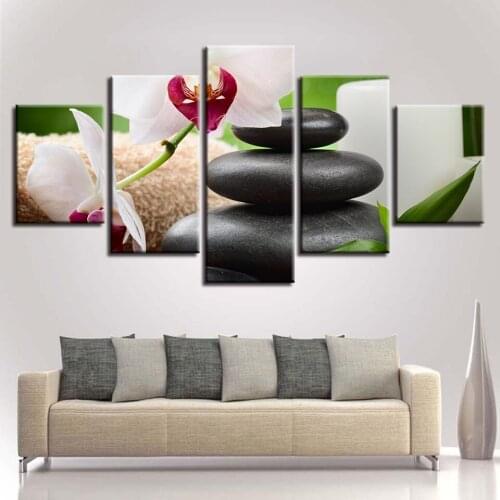 5 Pieces White Orchid Flowers And Stones HD Canvas Paintings For Living Room Home Decor Modular Pictures Wall Posters