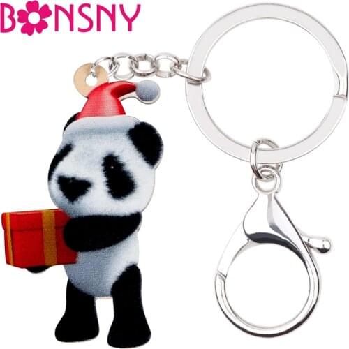 Bonsny Acrylic Christmas Cute Panda Gift Box Key chains Key Rings Bag Car Wallet Animal Keychains Women Girls Charms Sweet Gift