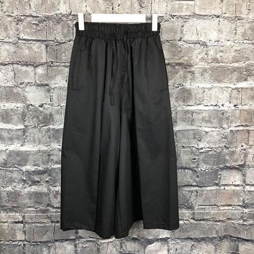 Original Japanese Yamamoto style mens loose wide-leg pants trendy brand black elastic waist folding trend irregular culottes