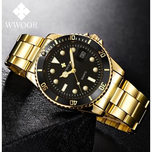 WWOOR Brand Men Watches 2021 Luxury Gold Black Watch Men Sports Diving Quartz Wrist Watch Auto Date Waterproof Relogio Masculino