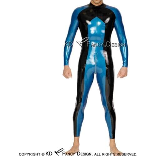 Black And Blue Sexy Latex Catsuit With Inverted U Shape Back To Crotch Zipper Rubber Bodysuit Zentai Overall LTY-0160