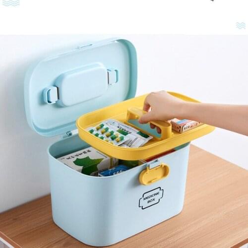 Home First Aid Kit Storage Box 2 Layer Portable Health Care Plastic Drug Box Family Emergency Kit Box with Handle Medicine Chest
